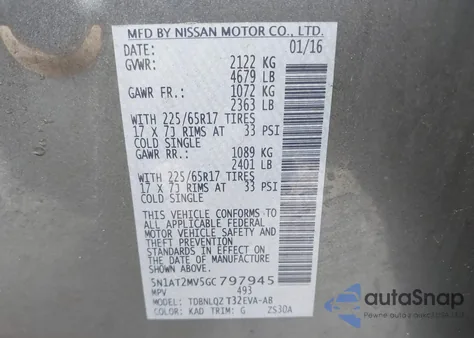 2016 Nissan Rogue Sv z USA, uszkodzony, nr VIN 5N1AT2MV5GC797945